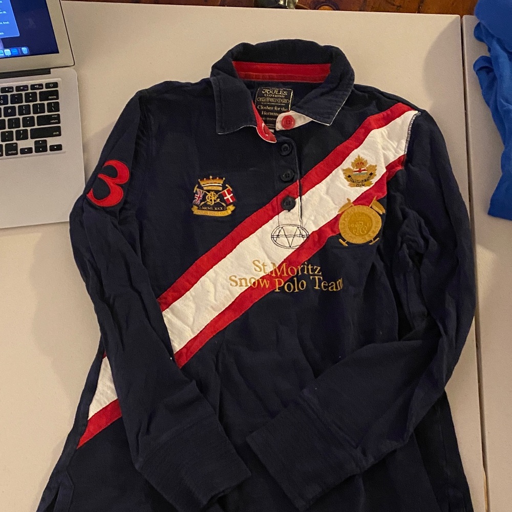 Joules Navy Long Sleeve Polo with Red and White Stripes